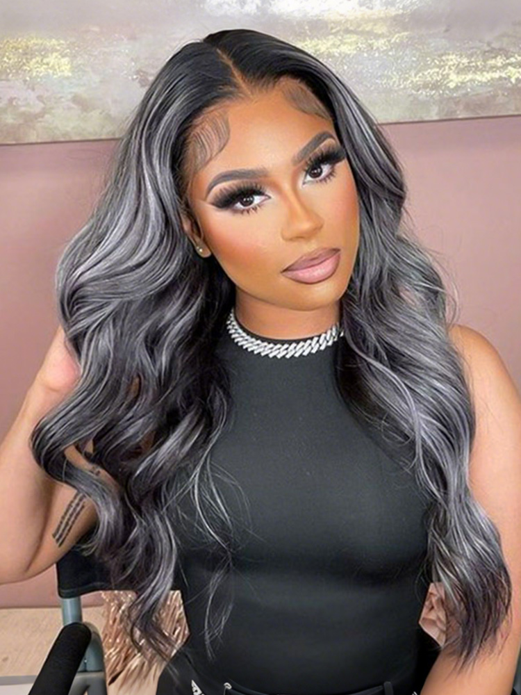 Gray Highlight on Black Body Wave Wigs