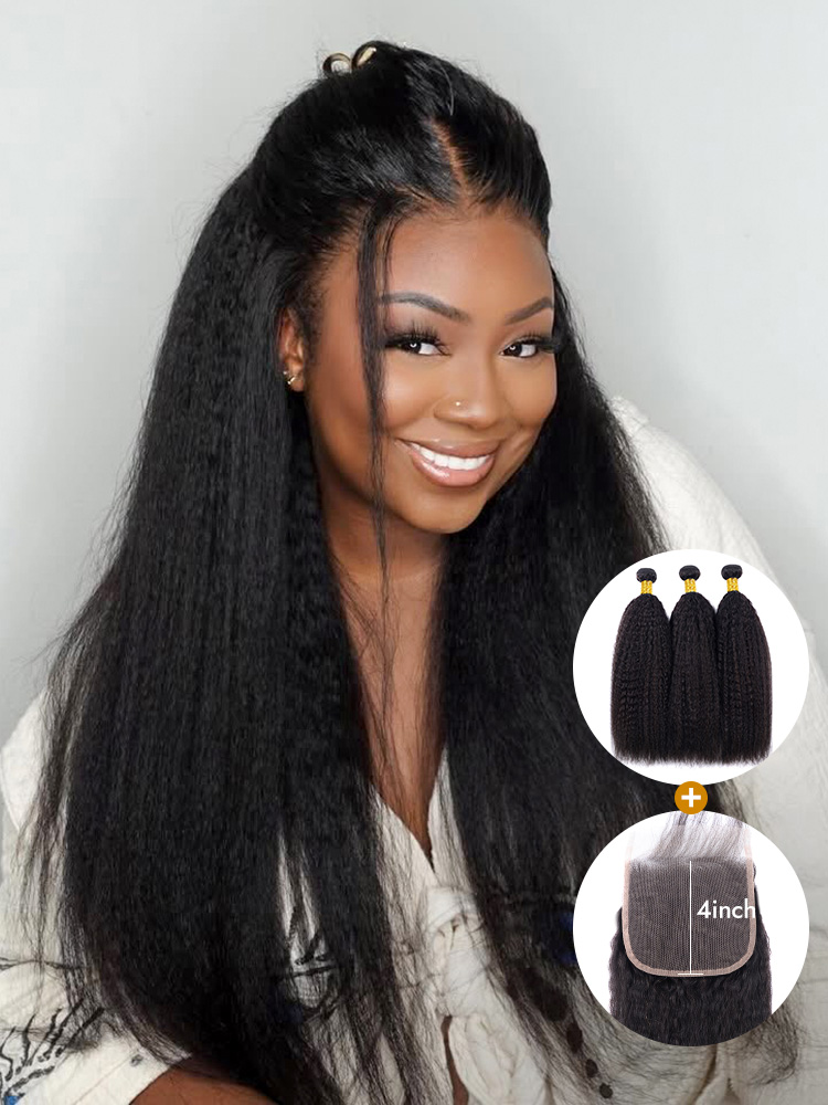 Kinky Straight 3 Bundle Deals With Lace Closure