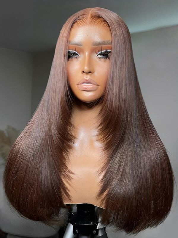 brown straight layered wig
