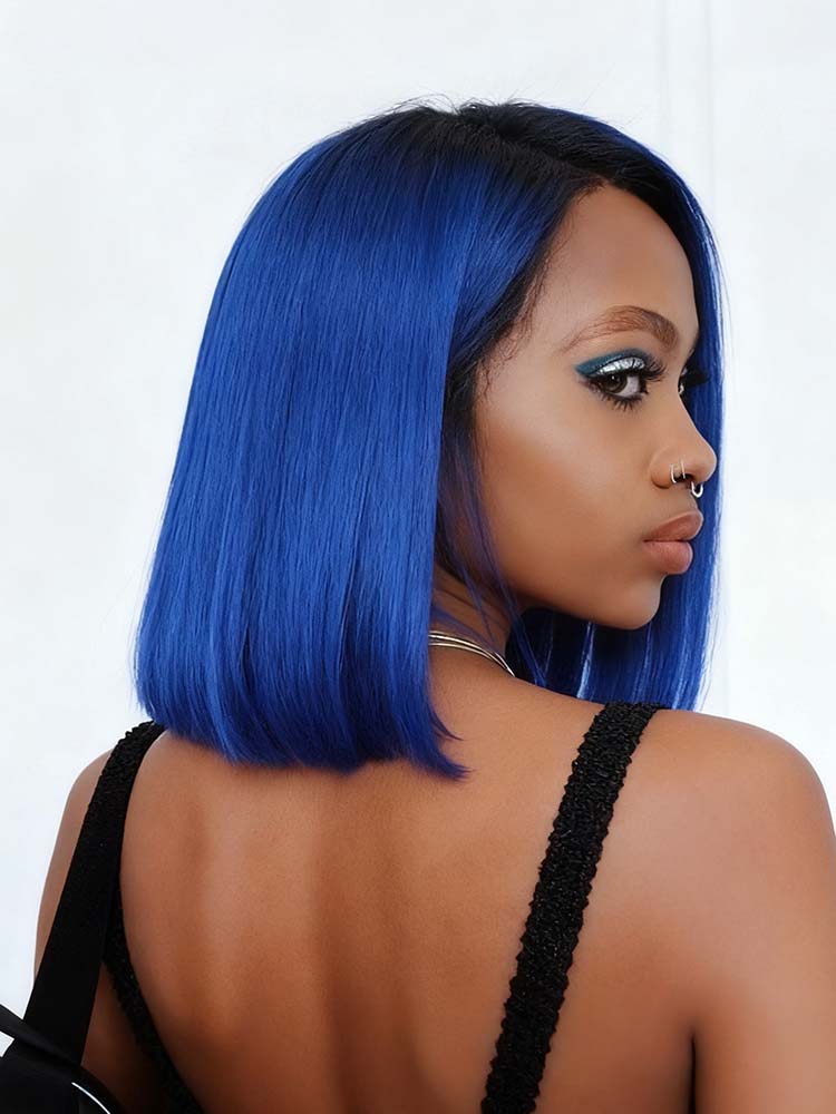 human hair bob straight blue wig