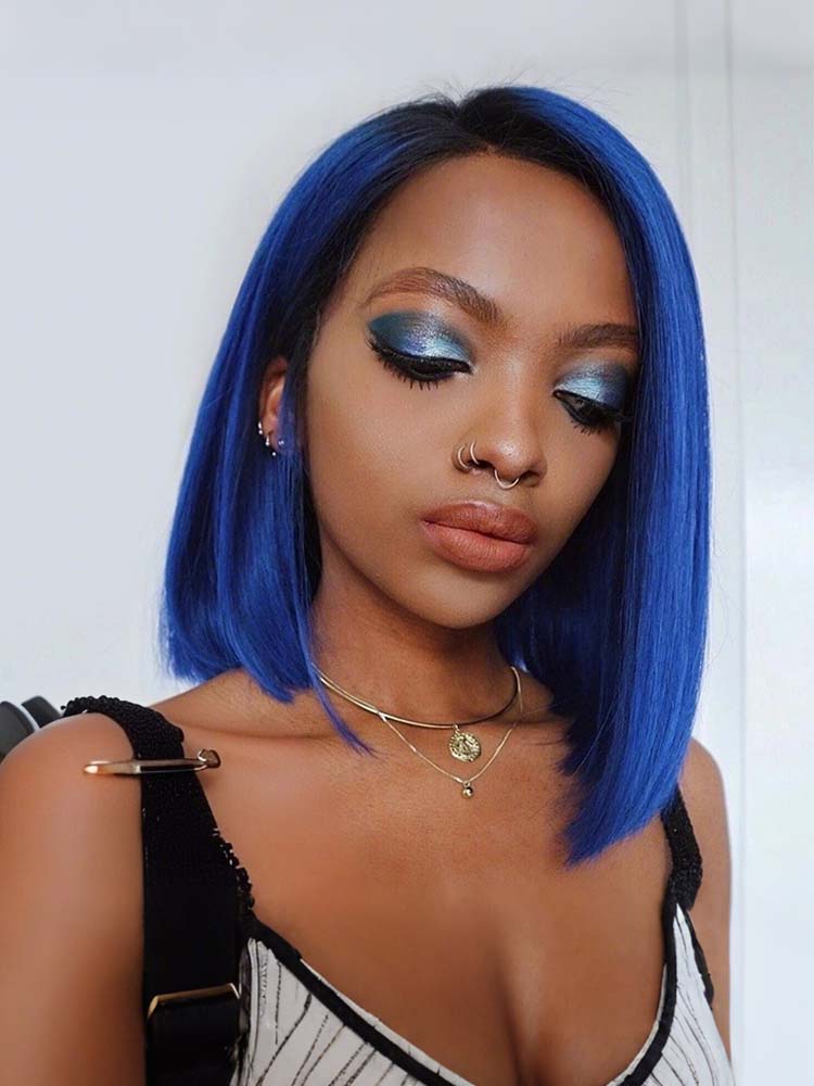 Blue human hair bob wig