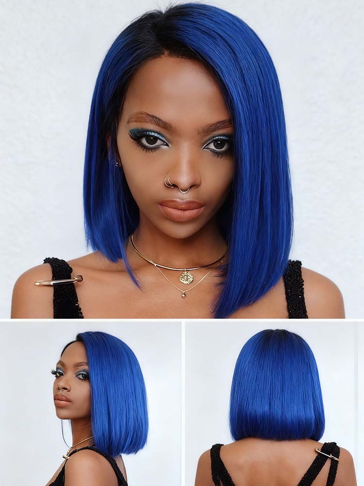 Blue human hair bob straight wig