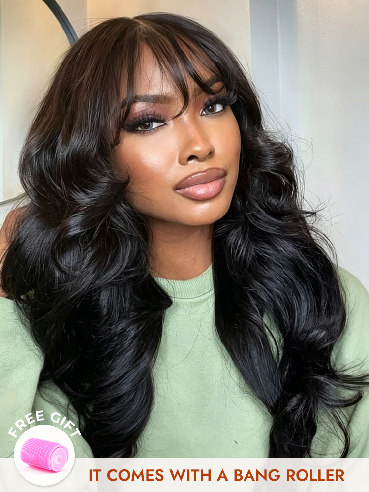  Long Natural Wavy Airy Bangs Human Hair Glueless 5x5 Lace Closure Wigs-Ready And Go Wig