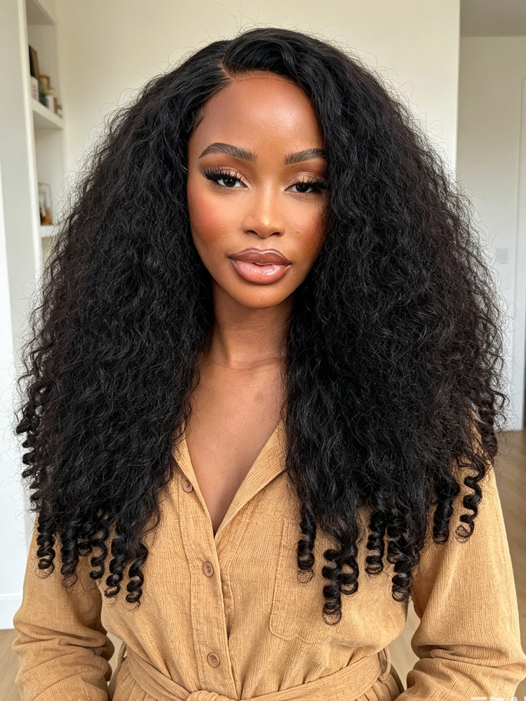 Kinky Straight Curly V Part Wig With Spiral Curls