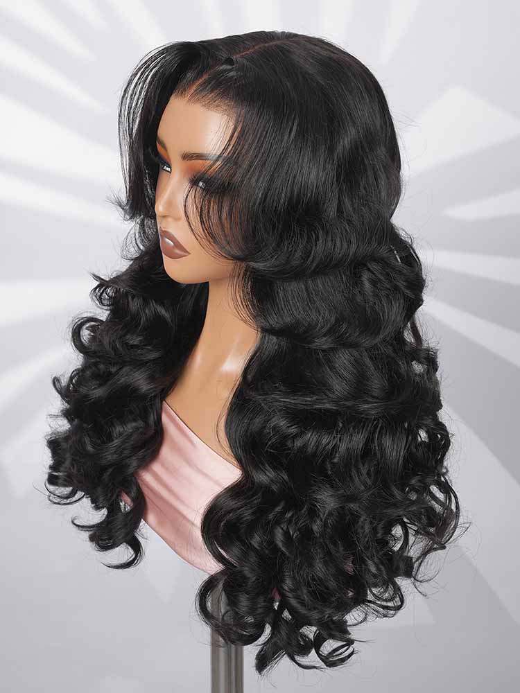 Loose Wave Human Hair  Curtain Bangs Wigs Layered 