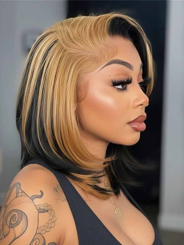 Highlight Skunk Stripe Straight Human hair wigs