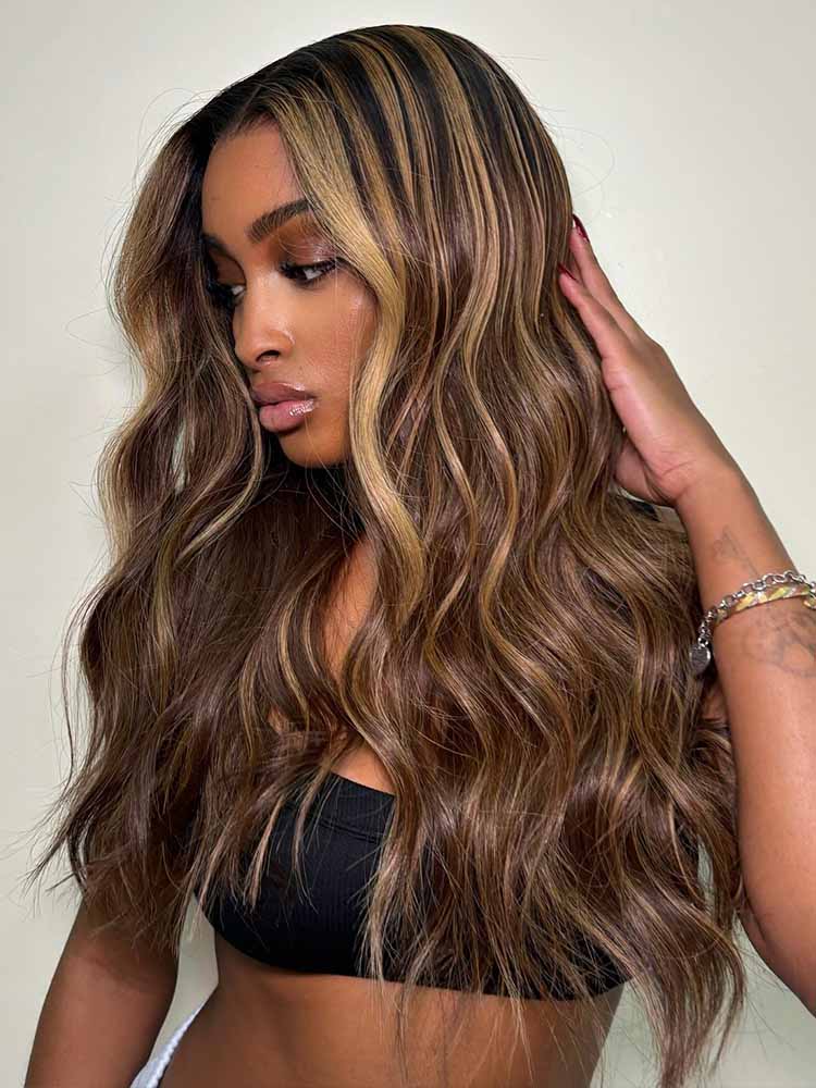 body wave human hair with honey brown highlight color wigs
