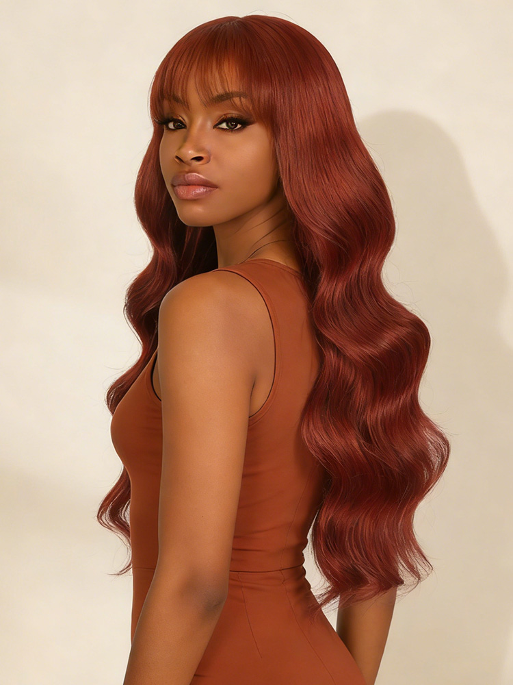  Fluffy Ginger Brown Body Wave 5x5 Ready To Go lace Closure Wig With Airy Bangs