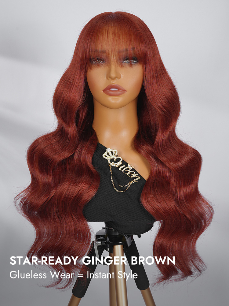 Ginger Brown Body Wave Human Hair Wig With Airy Bangs
