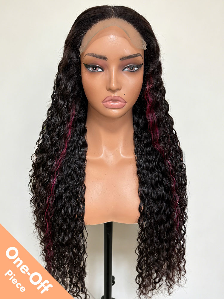 Natural Wave Wigs With 6x6 Lace Burgundy Highlights
