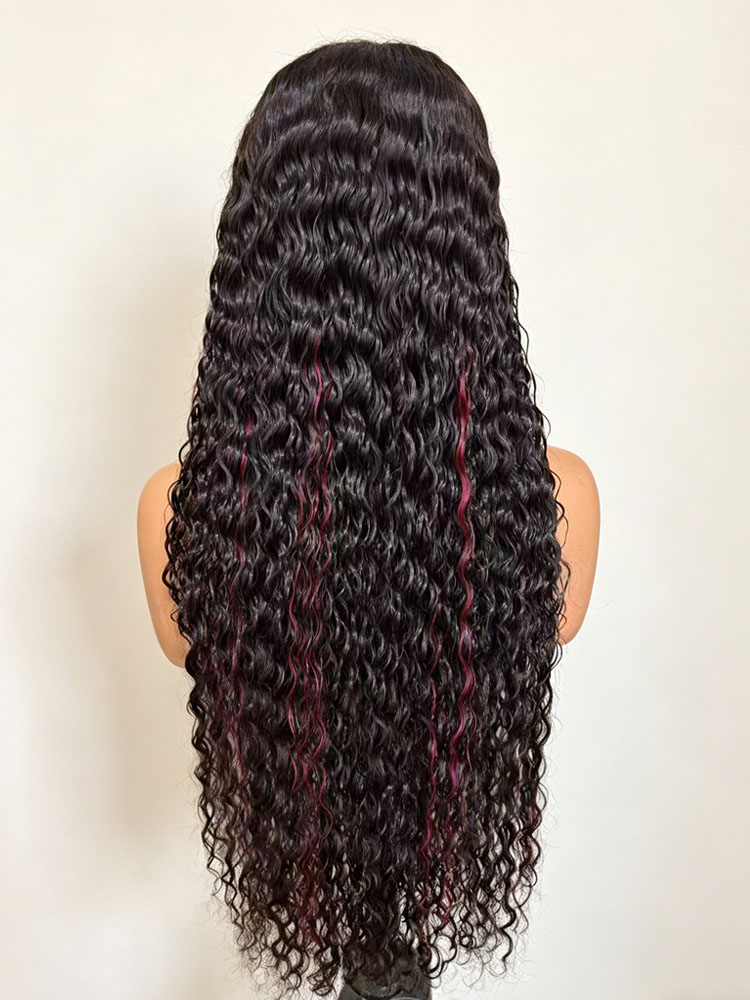 Burgundy Highlights Natural Wave Wigs With 6x6 Lace