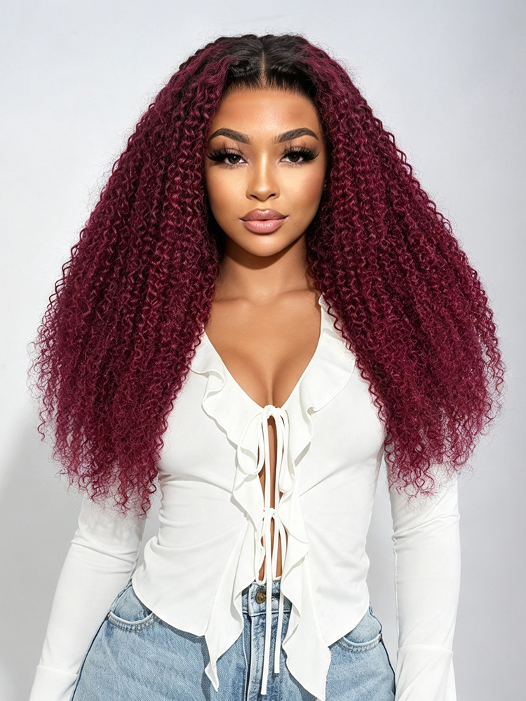 Ready To Go Glueless Burgundy Curly 13X4 Lace Frontal Wigs With Dark Roots