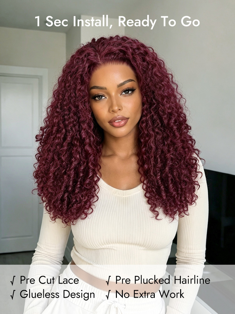 unique interwoven coil ends  burgundy curly wigs