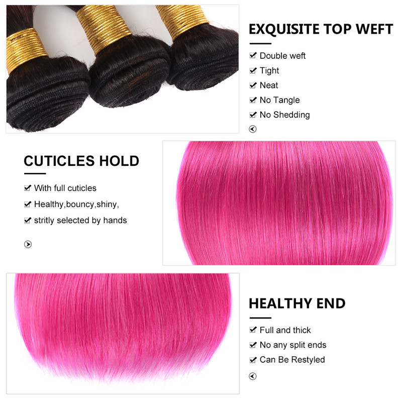 Straight Hair 1B/Pink Color 3 Bundles