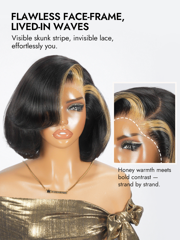 Honey Blonde Skunk Stripe Human Hair Wig