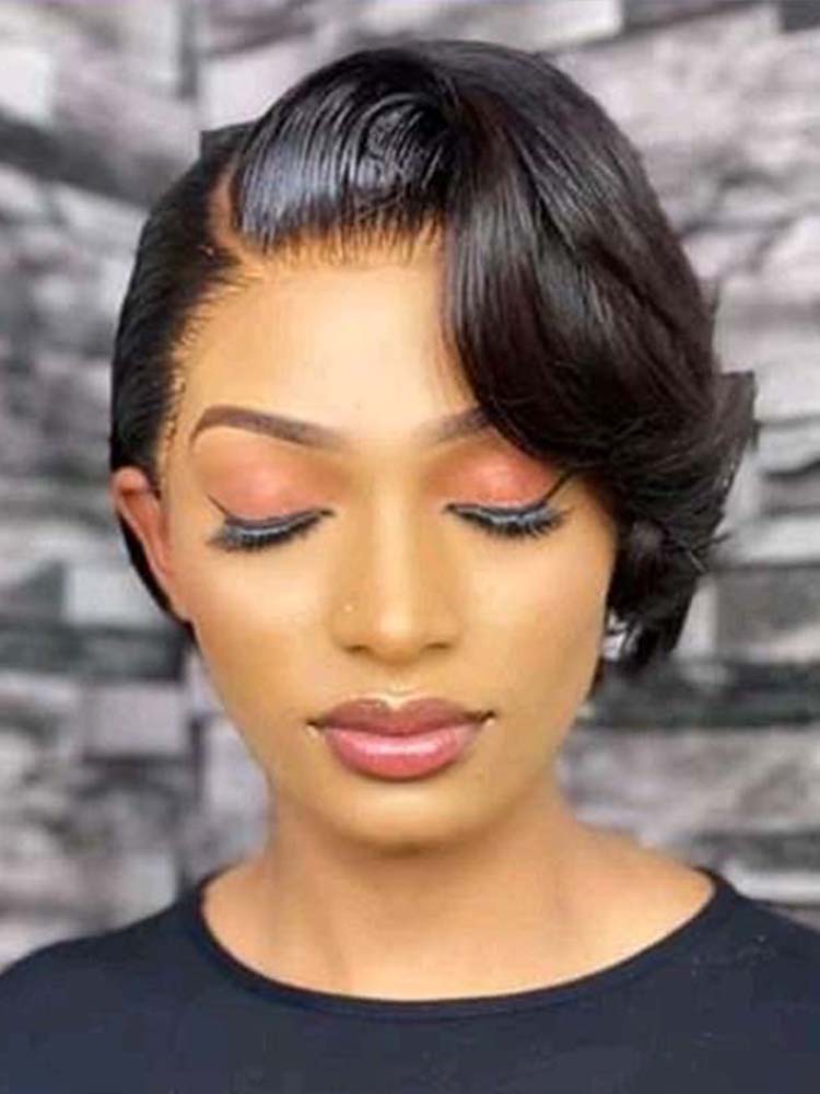 Short straight human hair lace wig pixie cut