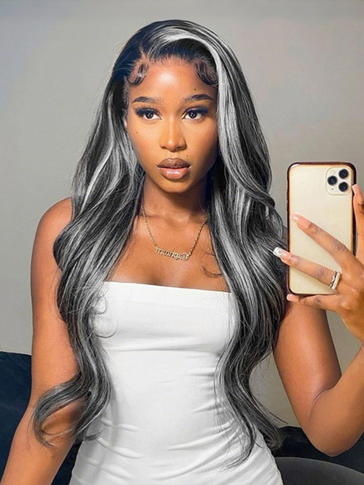 Gray Highlights Straight Hair Wig