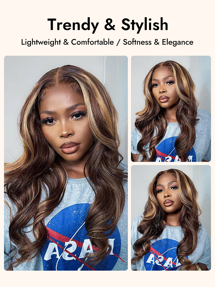 Dark Brown Highlights Body Wave Wigs