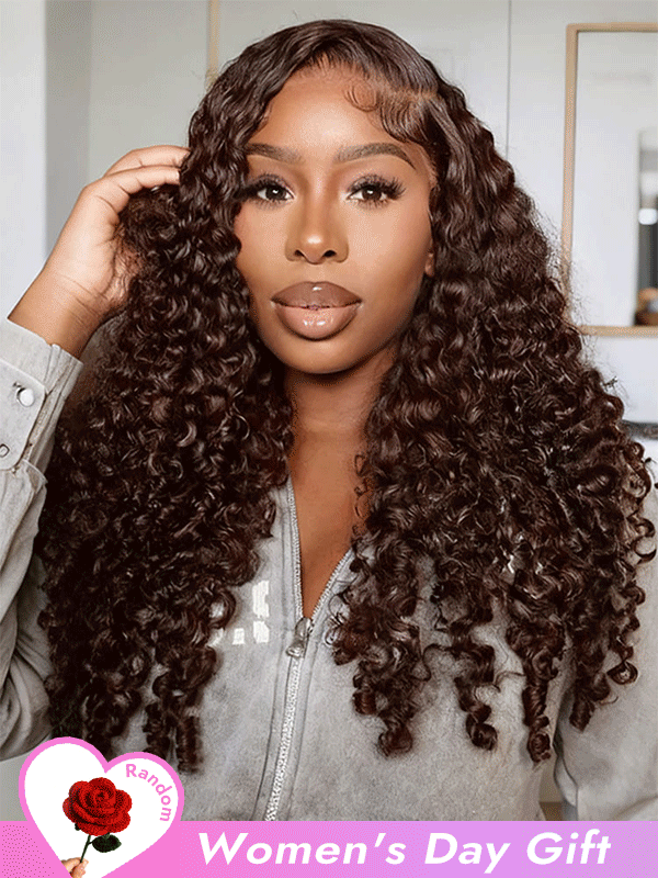 Full Density Dark Brown Burmese Curly 13x4 & 13x6 Transparent Lace Front Wig With Spiral Ends