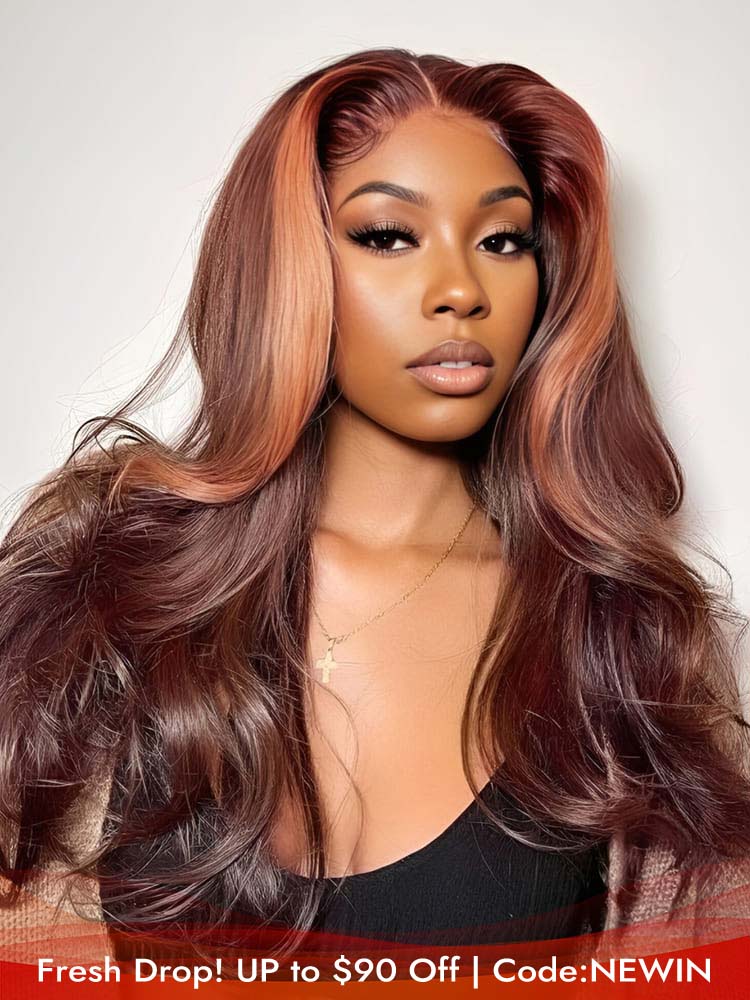 Skunk Stripe Copper Highlight Body Wave Hair Wig