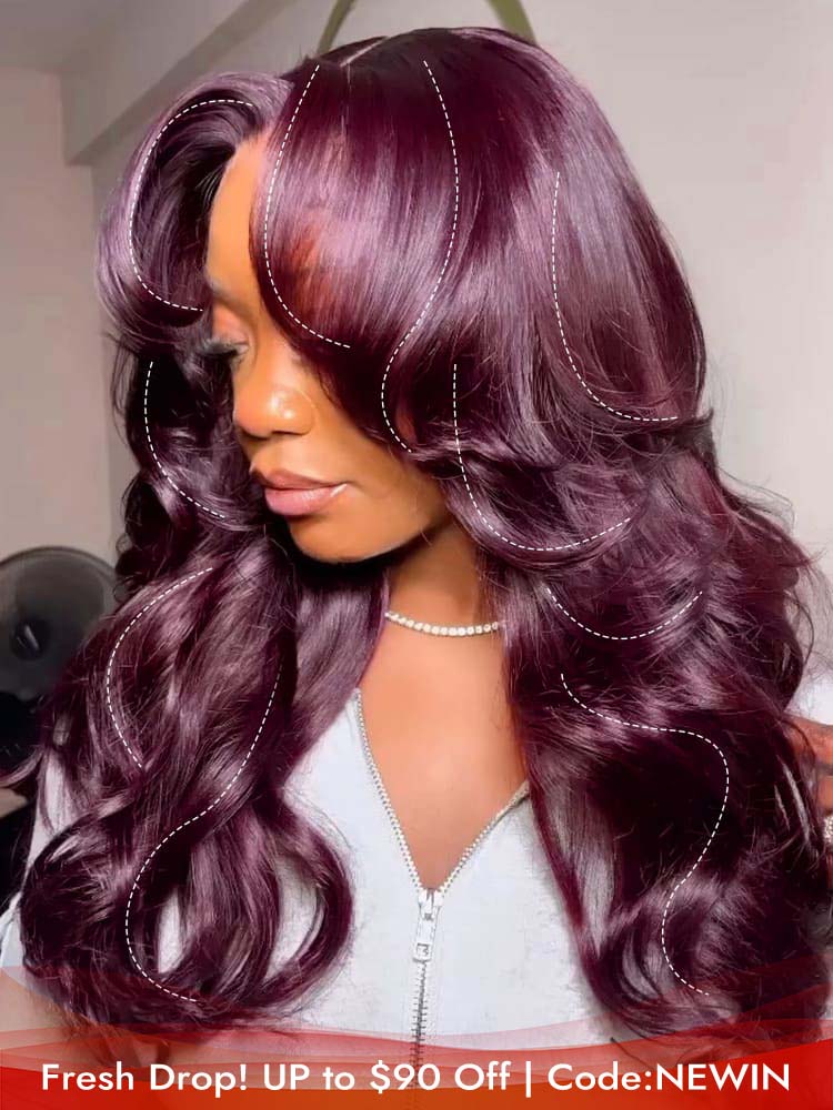  Black Cherry Loose Body Wave 5x7 Ready To Go Lace Closure Wigs With Face Framing Layers