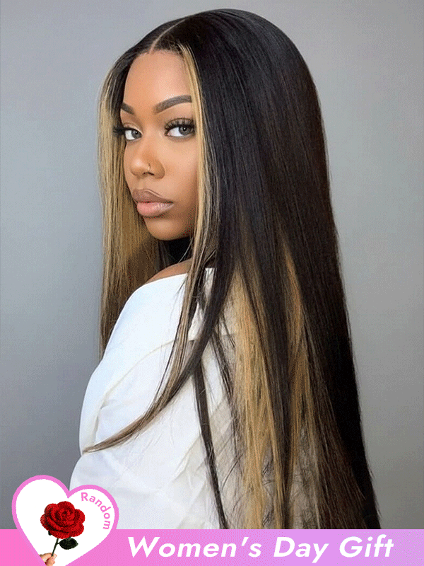  Black Hair With Peekaboo Highlights Light Yaki Straight 6x8 Ready To Go Lace Wig