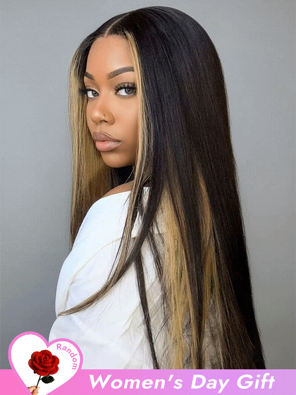  Black Hair With Peekaboo Highlights Light Yaki Straight 6x8 Ready To Go Lace Wig