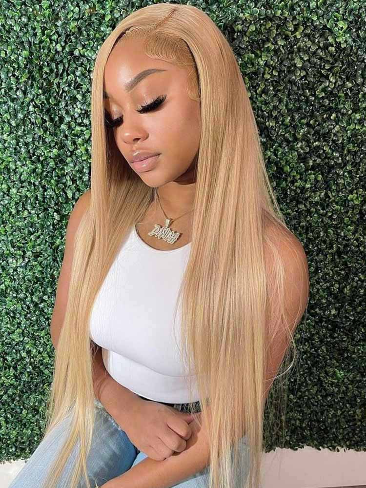 honey blonde Straight 13x4 lace frontal wigs #27 Color