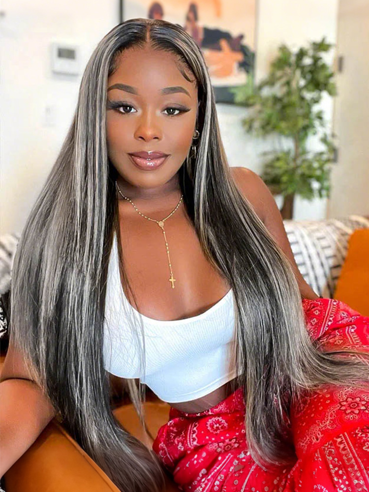 Black Hair Wig With Gray Highlights