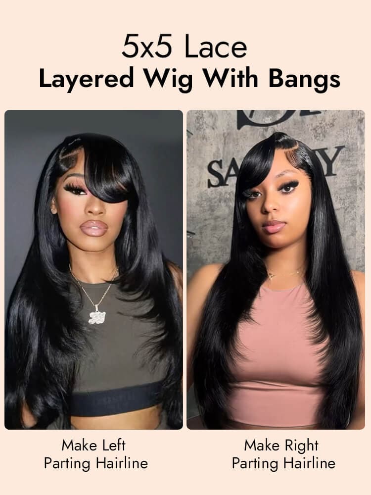 5x5 Lace Front Straight Human Hair Wig With Bangs