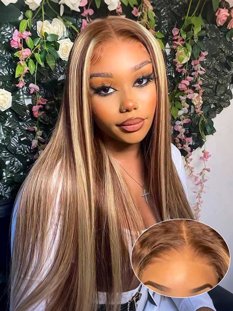 Dark Brown Highlights Straight Wigs