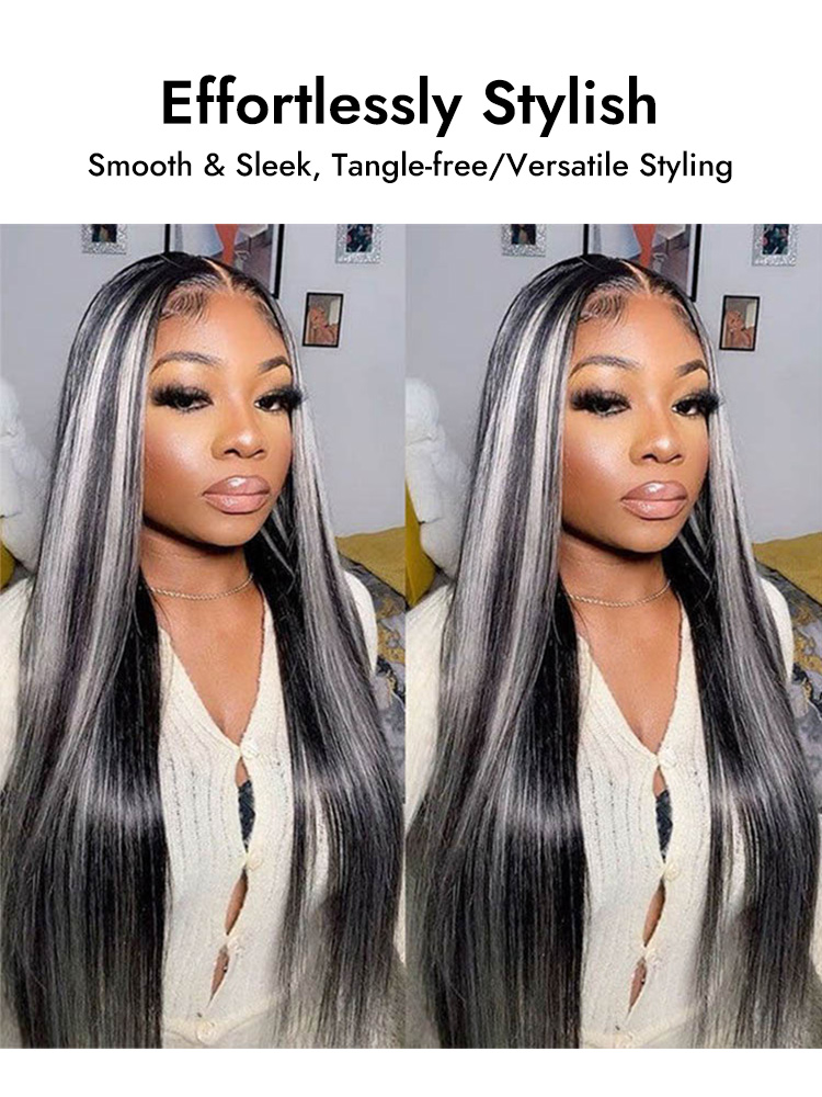 Gray Highlights Straight Human Hair Wigs