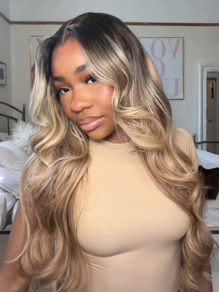 Caramel Blonde Highlgihts Body Wave Wig with Dark Roots