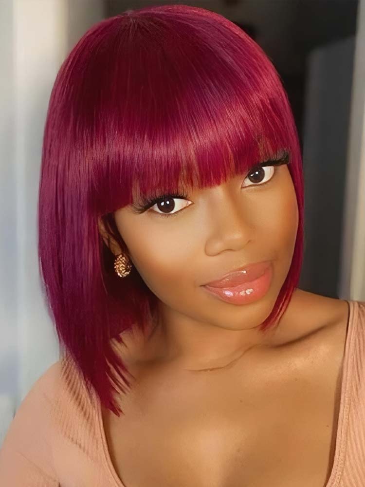burgundy bob human hair wig with bangs 