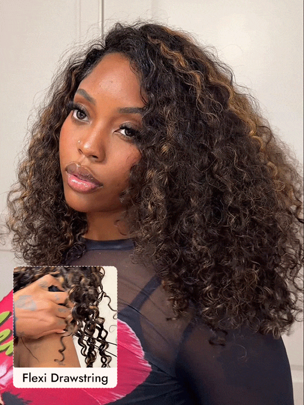 Highlight Honey Blonde Water Wave Human Hair Drawstring Half Wig With No Lace						