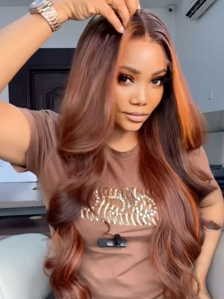 Copper Highlight Skunk Stripe Body Wave Wig