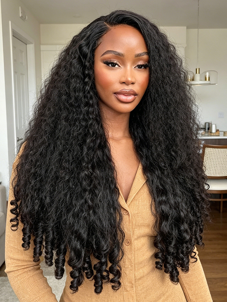 Kinky Straight Curly V Part Wig With Spiral Curls