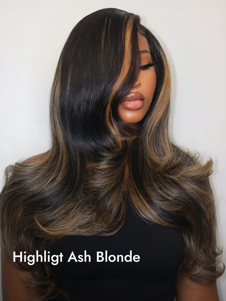 Ash Blonde Highlight Layered Wavy Hair Wigs