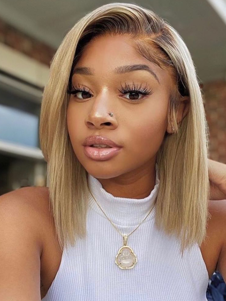 brown and blonde straight bob wig