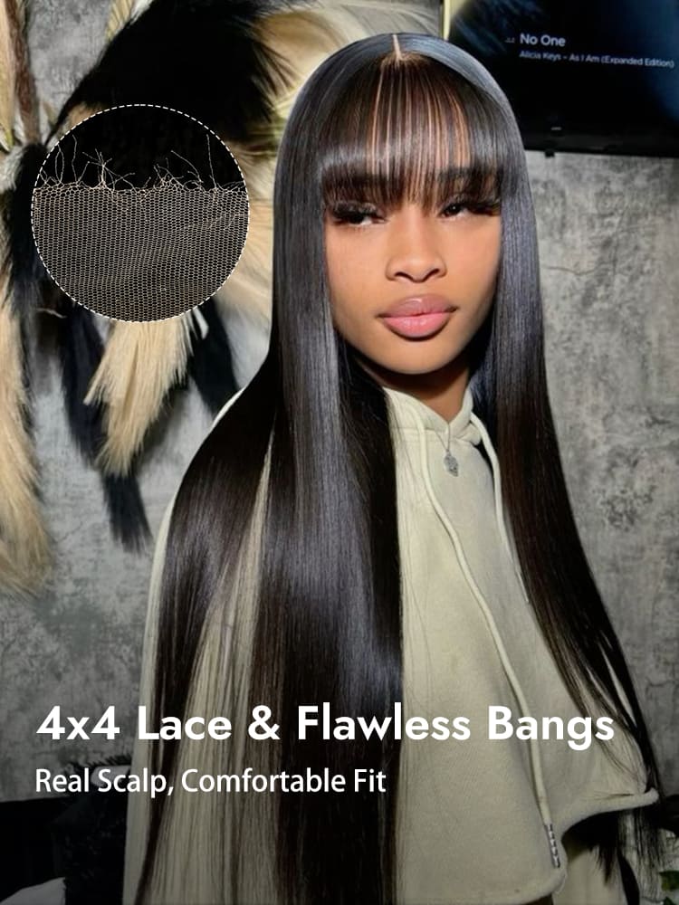 Straight 4x4 Lace Wigs With Bangs