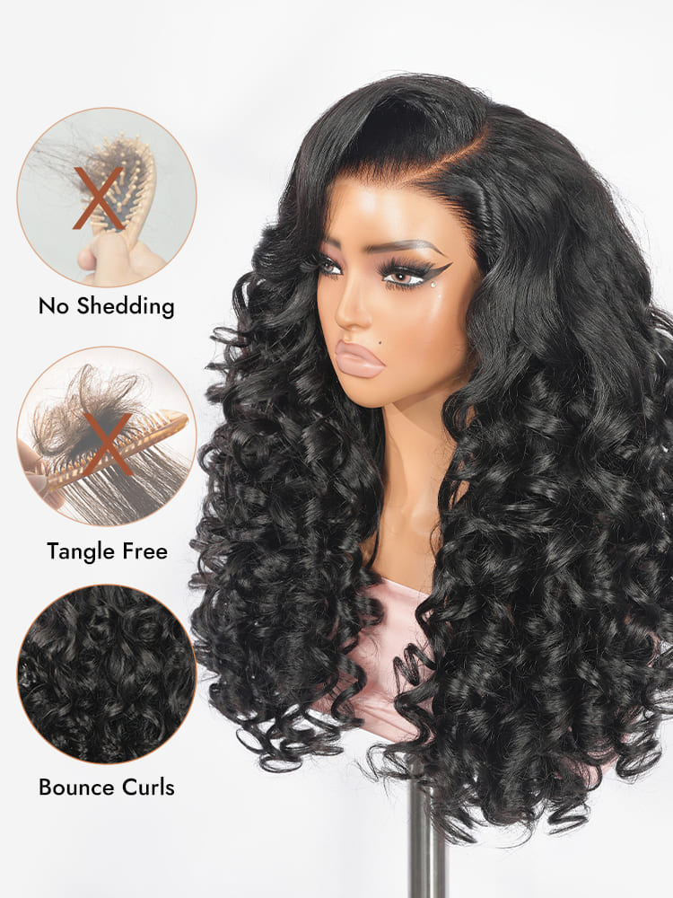 C Part Bouncy Curls Human Hair Wig