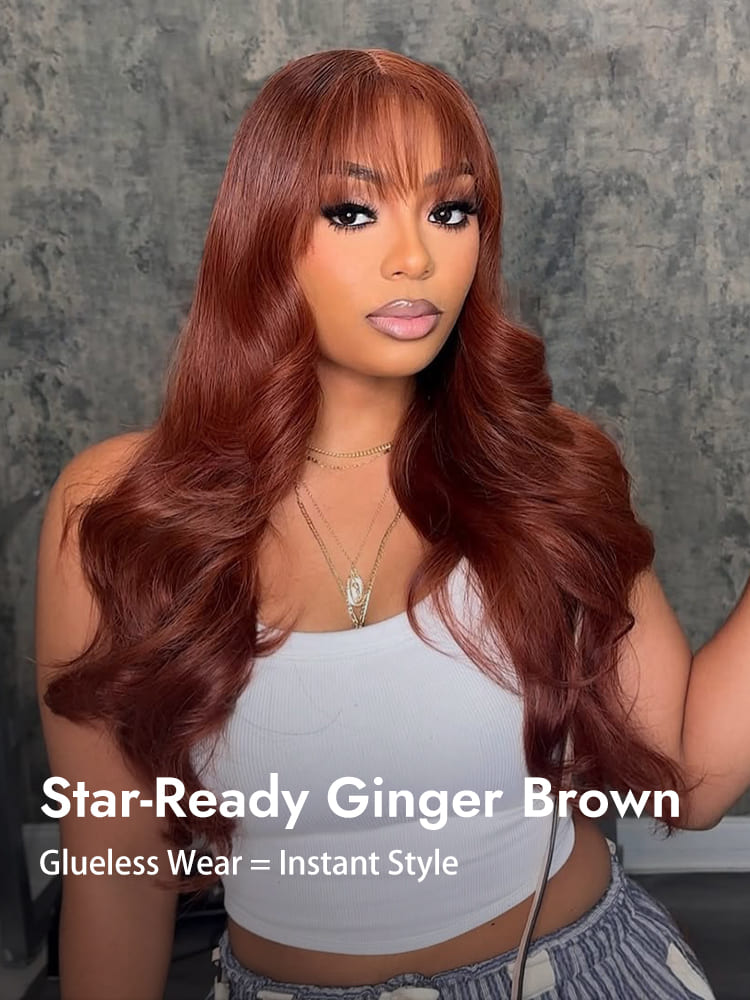 Ginger Brown Body Wave Wig With Airy Bangs