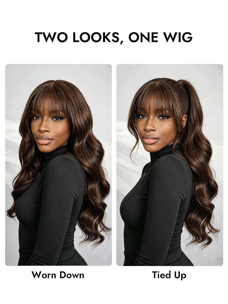 chocolate brown body wave wig with bangs