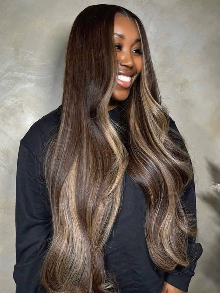 Brown With Highlight Blonde Lace Wig