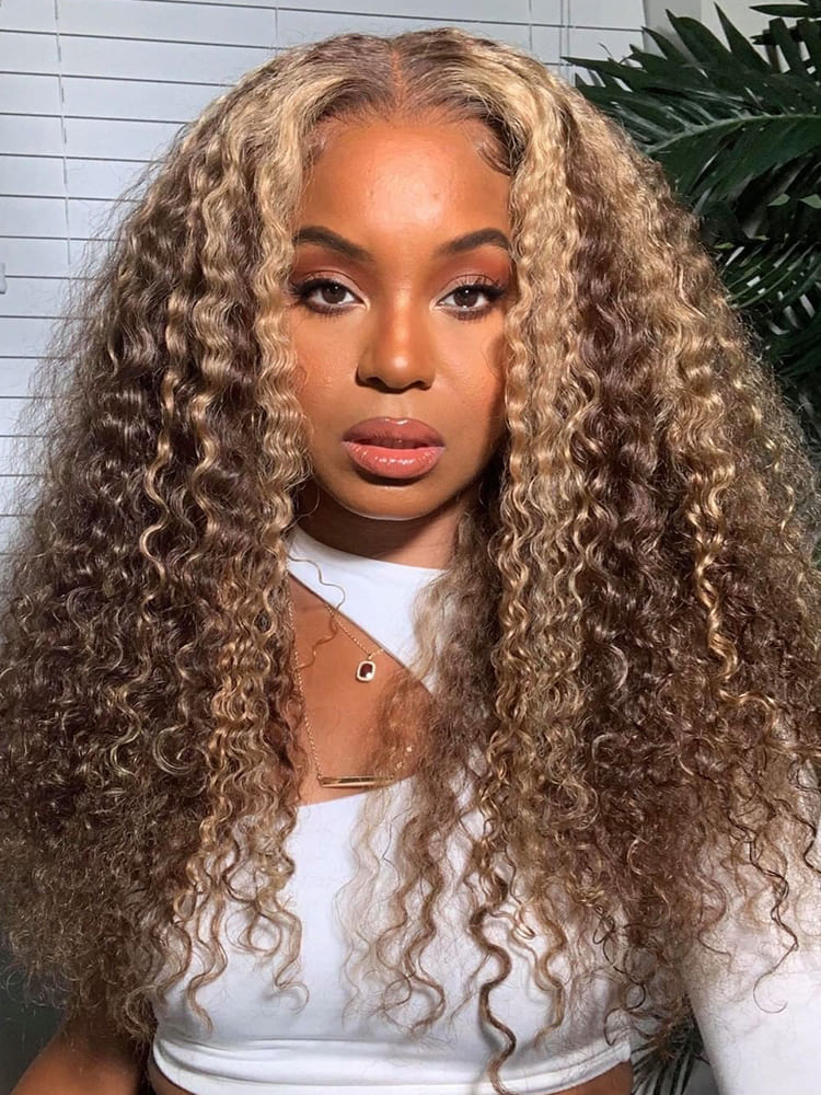 Brown Curly Lace Closure Wig With Highlights