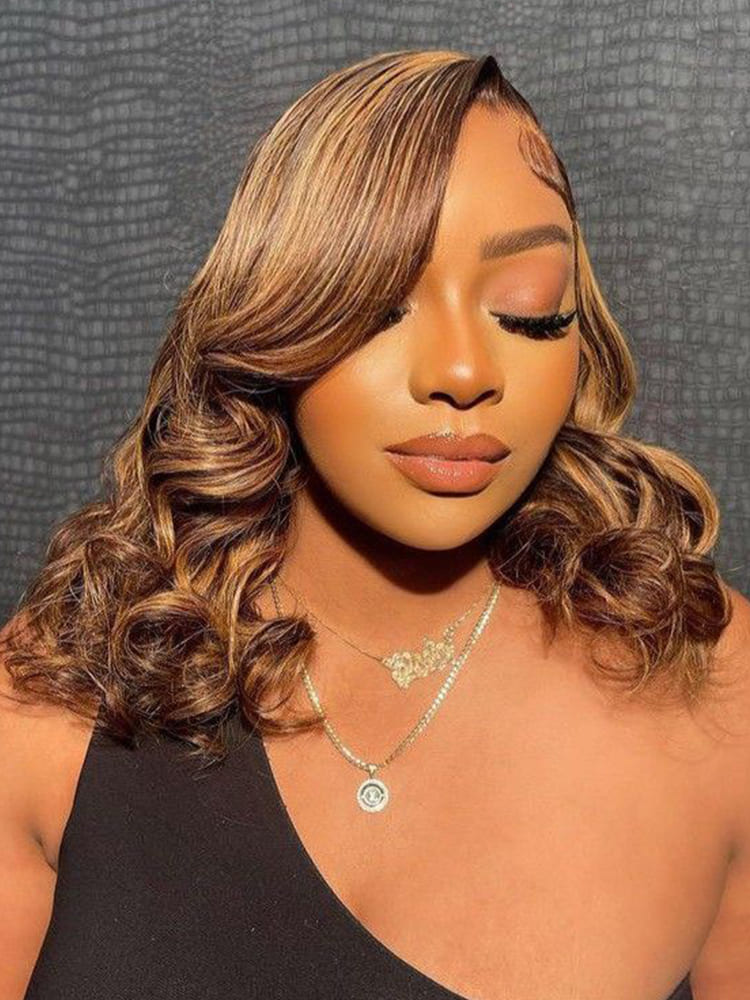 P4/27 Human Hair Bob Wig With Curtain Bangs