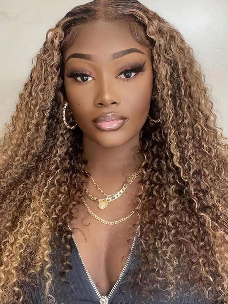 Brown Curly Lace Frontal Wig With Highlights