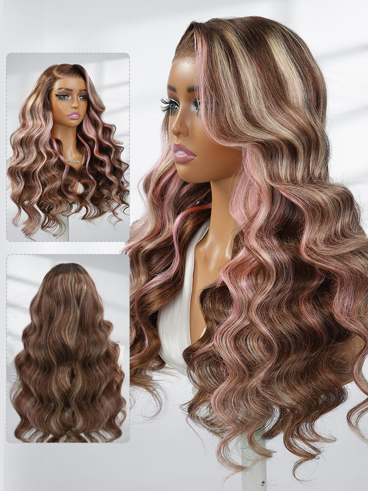Light Brown Wig With Pink Highlights