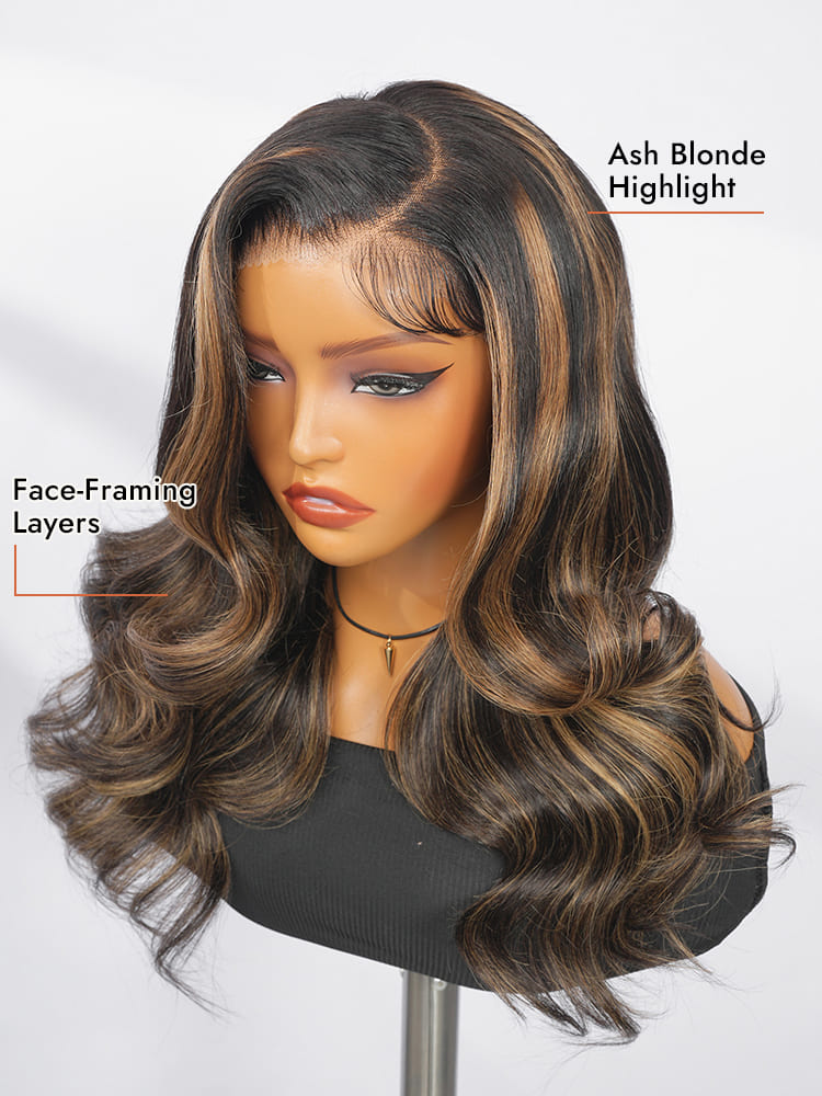 Ash Blonde Highlight Layered Wavy Hair Wigs