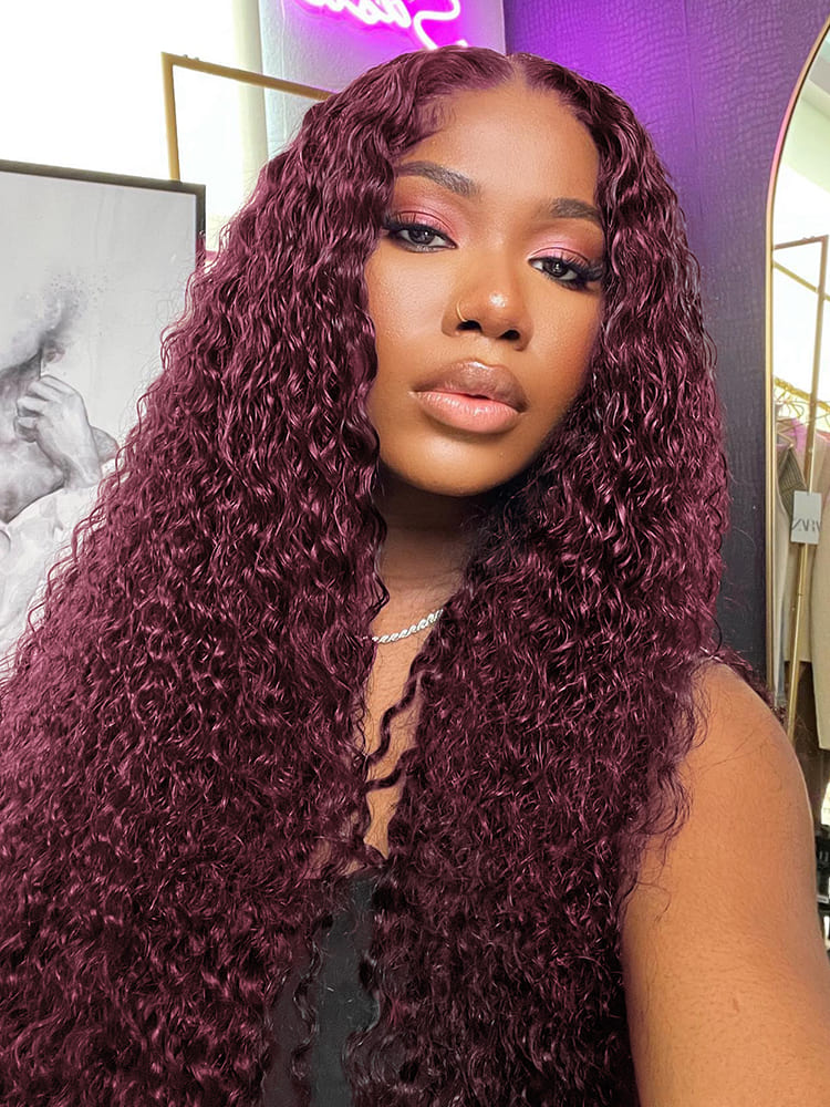 Cherry Cola Red Deep Wave Wig With Pre Plucked Hairline